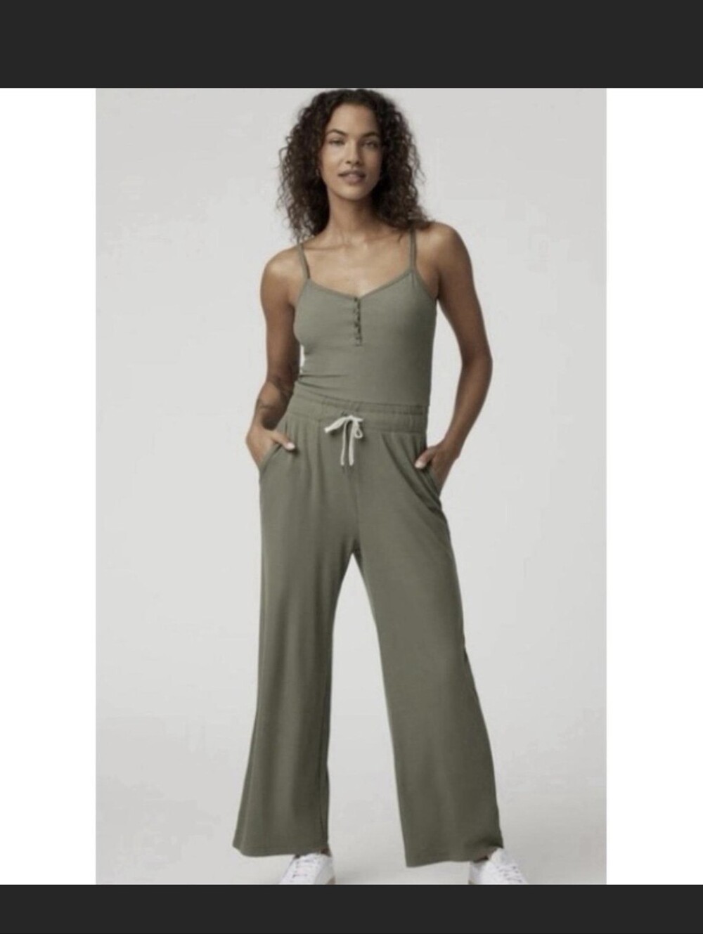 Vuori Pose Modal Pose Henley Tank Olive Wide-Leg Jumpsuit Size Xs